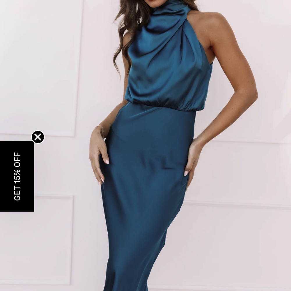 Satin Halter Cowl Neck Midi Dress - Teal